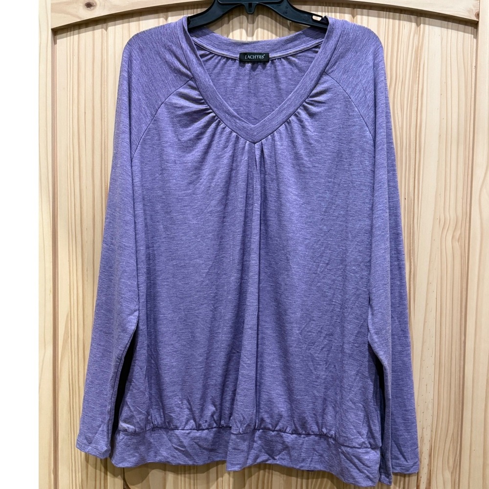 EACHYES Womens Purple Heathered V-Neck Long Sleeve Pleated Banded Hem Top XXL